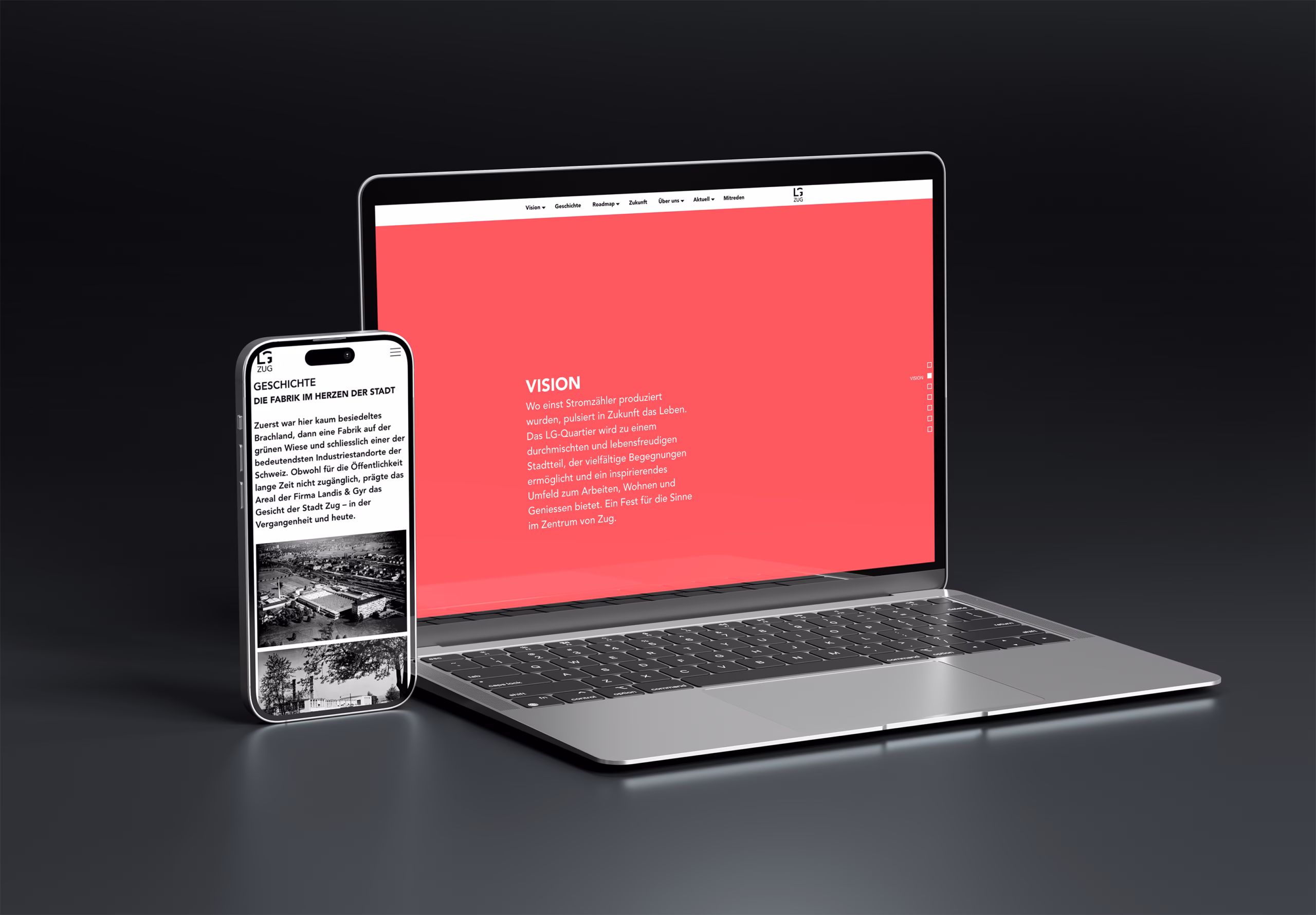 Website des LG-Areals in Zug auf Laptop und Smartphone