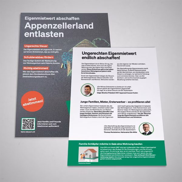 Plakatsujet : «Appenzellerland entlasten»: kantonaler Flyer mit regionalen Testimonials auf der Rückseite.