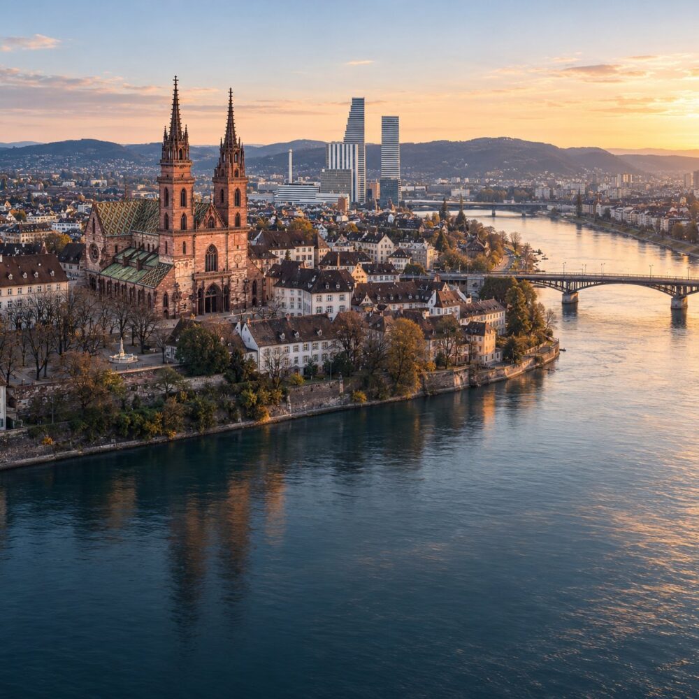 Basler Münster am Rhein mit Altstadt und den Roche-Türmen im Hintergrund bei Sonnenuntergang
