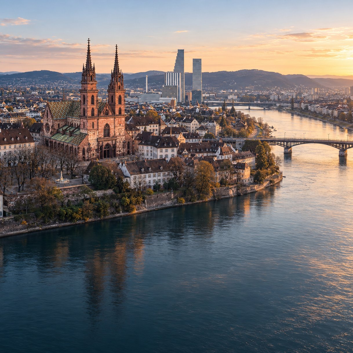 Basler Münster am Rhein mit Altstadt und den Roche-Türmen im Hintergrund bei Sonnenuntergang