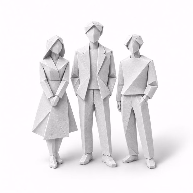 Drei Origami-Figuren aus weissem Papier als Symbol für die Menschen hinter einer Kampagne
