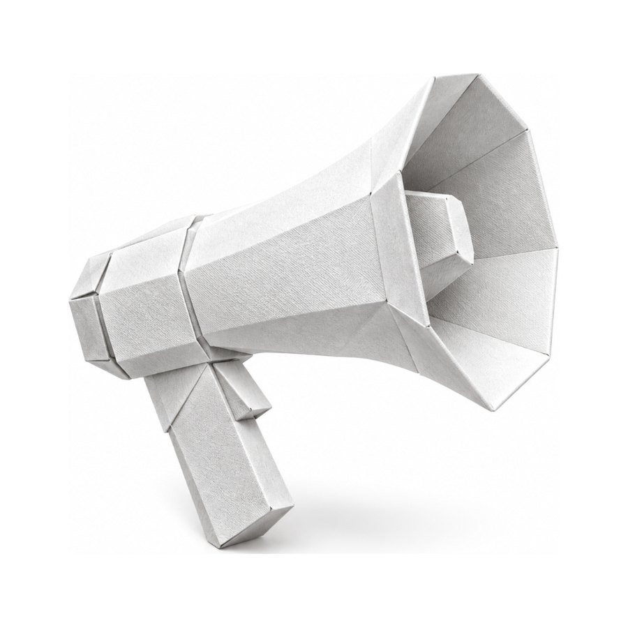Origami-Megafon aus weissem Papier als Symbol für Öffentlichkeitsarbeit